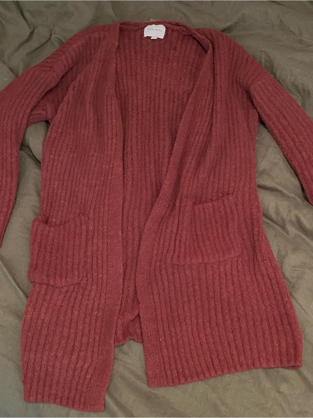 Pink Rose Ribbed Open-Front Cardigan in Rose Red
